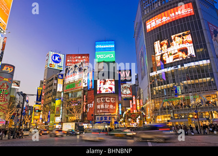 Tokyo Shibuya Crossing, Hachiko Square, Japan, Neon Advertising Billboards Stock Photo