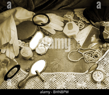 Still life with vintage ladies fashion accessories in sepia tone Stock Photo