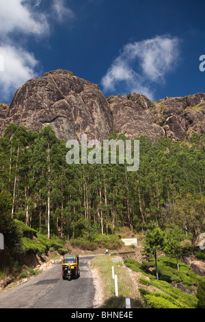 India, Kerala, Munnar, autorickshaw on mountain road through tea plantation Stock Photo