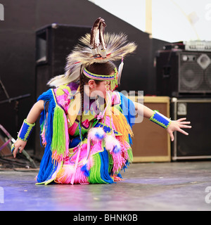 Young Native Canadian girl dancing, Festival du Voyageur, Winnipeg, Manitoba Canada. Stock Photo