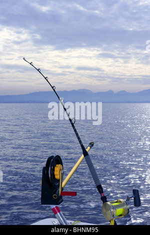 boat trolling fishing gear downrigger and two rods with golden reels Stock  Photo - Alamy