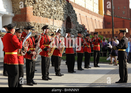 Military wind band in Alexander Garden against walls of Kremlin, Moscow, Russia Stock Photo