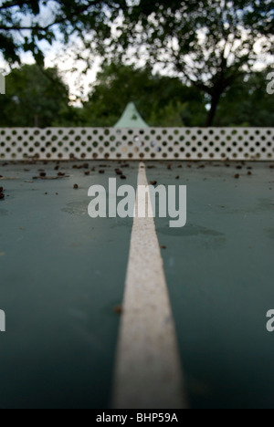 close up view of outdoor ping pong table covered with vegetation on a campsite in france Stock Photo