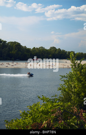 Ukraine, Eastern Europe, Kiev, Sunbathers On Beach In Hydropark On Dnipro River Stock Photo