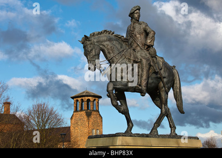 Bonnie Prince Charlie statue and view to the Silk Mill Museum of Industry and History, Cathedral Green, Derby Stock Photo