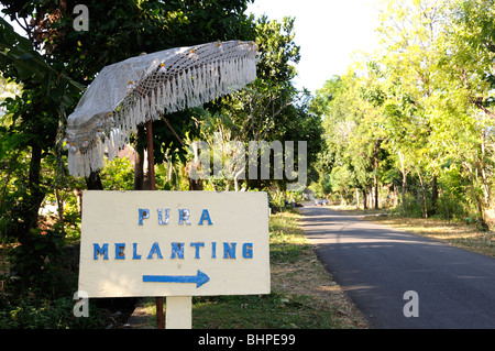 sign to balinese temple, Melanting Temple, Pemuteran, Bali, Indonesia Stock Photo