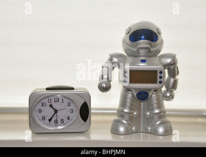 robots with cardboard clock