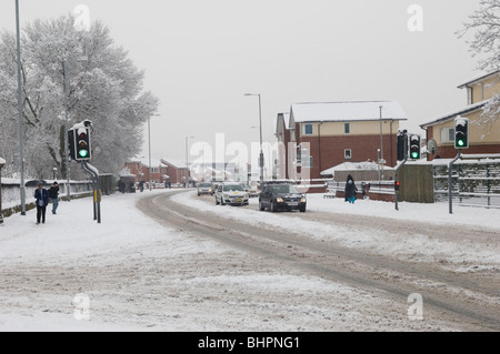 Cheetham Hill road Manchester UK covered with snow on a bad weather day Stock Photo