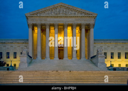 Night view of the U.S. Supreme Court building. It is the seat of the Supreme Court of the United States
