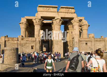 Kom Ombo Temple entrance. The temple is unusual in that it is a double temple, the design is almost perfectly symmetrical. Stock Photo