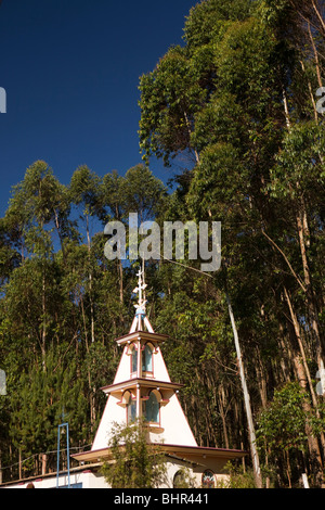 India, Kerala, Munnar, religion, Christian church capella dwarfed by eucalyptus plantation Stock Photo