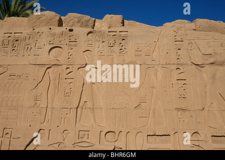 Relief image of the Warrior Goddess Sekhmet, Ramesses II and the King of Gods Amun  at Karnak Temple in Luxor, Egypt Stock Photo