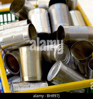 Tin cans in a recycling box Stock Photo