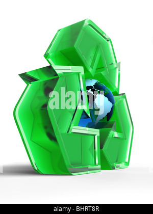 Green translucent recycling symbol with the Earth globe in the centre. 3D illustration isolated on white background. Stock Photo