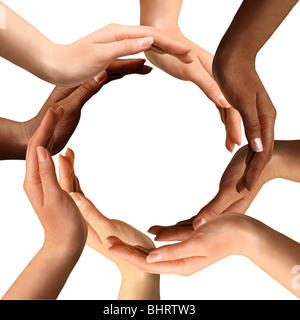 Conceptual symbol of multiracial human hands making a circle on white background with a copy space in the middle Stock Photo