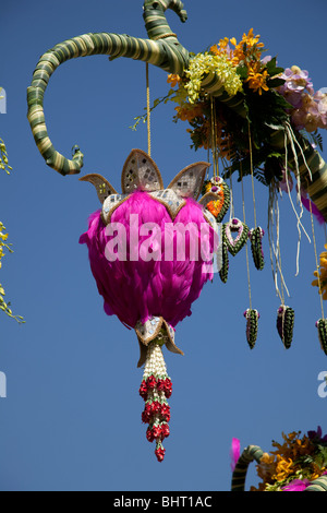Flower display, ancient and modern floral art gaily decorated bedecked, parade of floats made with colorful flowers; 34th Chiang Mai Flower Festival. Stock Photo