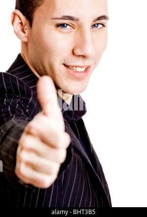 Portrait of a young businessman showing thumbs up, isolated on white background Stock Photo