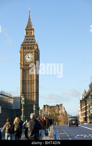 Big Ben, clock tower, Houses of Parliament, Palace of Westminster, taxi, tourists, London, England, United Kingdom, Europe Stock Photo