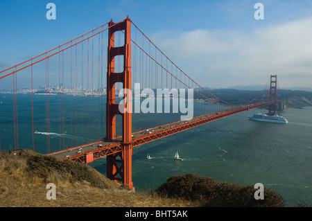 Golden Gate Bridge, cruise ship, and San Francisco skyline, from Marin Headlands Stock Photo