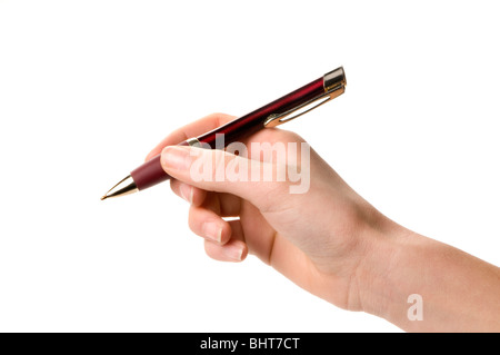hand on whit holding writing pen Stock Photo