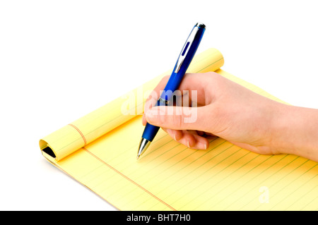 hand on white with pen and pad Stock Photo