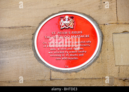 Plaque commemorating the Peterloo Massacre in St Peter's Fields now Peter Street in Manchester Stock Photo