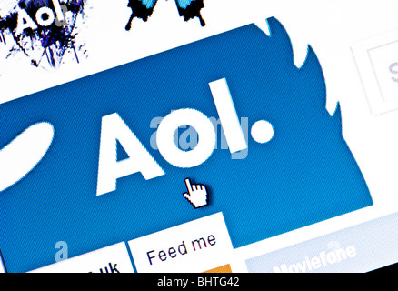 Macro screenshot of the AOL website featuring the new corporate logo introduced in 2009 when AOL split from Time Warner. Stock Photo