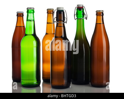 six different bottles of beer without labels isolated on white Stock Photo