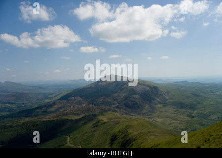Moel Hebog and Beddgelert Forest from Nantlle Ridge above the village of Rhyd Ddu in Snowdonia, North Wales Stock Photo