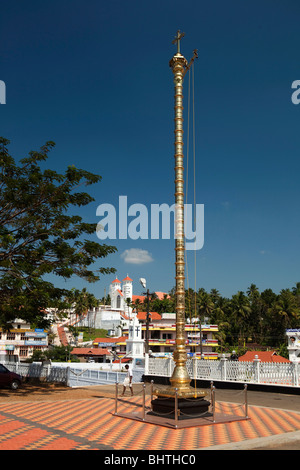 India, Kerala, Kothamangalam, Mar Thoma Syrian Christian Church brass dwajastambha symbolic flag pole Stock Photo