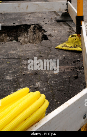 New yellow plastic domestic gas supply pipe. Stock Photo