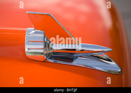 Detail view of the hood ornament on a1957 Chevy, a classic car Stock Photo