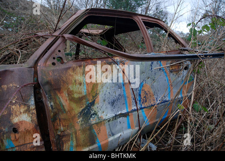 Stolen, burnt out, rusted, abandoned car with the remains of graffiti. Stock Photo