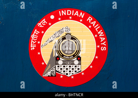 India, Kerala, Kollam, Railway Station, Indian Railways badge on train carriage panel Stock Photo