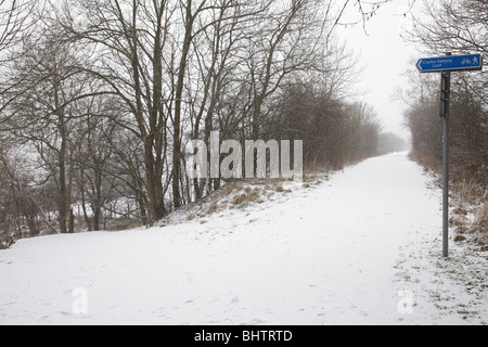Winter path covered by snow, Lochwinnoch, Scotland, UK Stock Photo