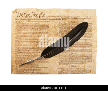 The Constitution for the United States of America with a quill pen isolated on white background Stock Photo