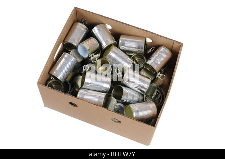 Paper box full of used cans ready for recycling. Stock Photo