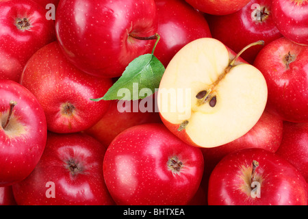 Red apples with leaf Stock Photo