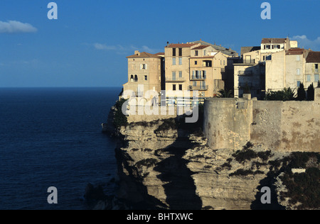 Bonifacio, Clifftop or Cliff Edge Houses overlooking the Bay or Bouches of Bonifacio, & Mediterranean Sea, Corsica, France Stock Photo