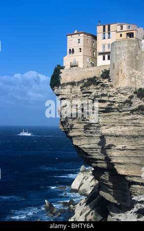 Clifftop Houses Perched on Limestone Cliffs, & Mediterranean Sea, Bonifacio, Corsica, France Stock Photo
