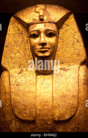 Gold leaf coffin of Egyptian Pharaoh believed to be Sekhemre Upmaat from the vault of Osiris on display at Musee du Louvre, Paris, France Stock Photo