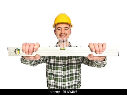 manual worker hold spirit level isolated on white background Stock Photo