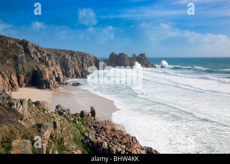 Pednvounder; waves crash on the rocks; Cornwall Stock Photo