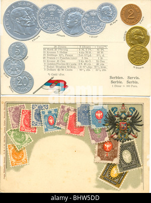 Embossed chromolithographed picture postcards of postage stamps and coinage for Serbia Stock Photo