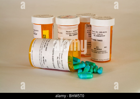 Vials and bottles of prescription drugs from doctors and physicians Stock Photo