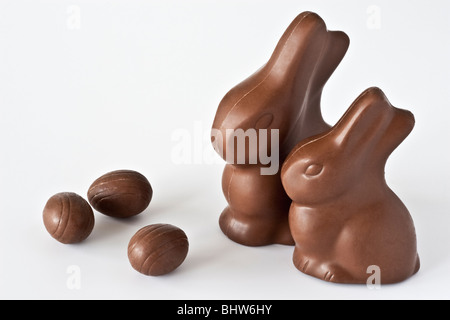 Easter still life of two Chocolate Bunny's and three eggs Stock Photo