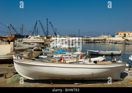 Fishing boats moored in Saida harbour Lebanon Middle East Asia Stock Photo