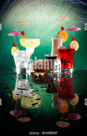 Margarita, Fizz, coffee liquor, cosmopolitan on the rocks and Colada with pistachio Stock Photo