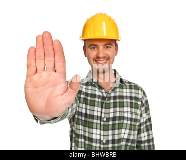 young handyman in stop gesture isolated on white Stock Photo