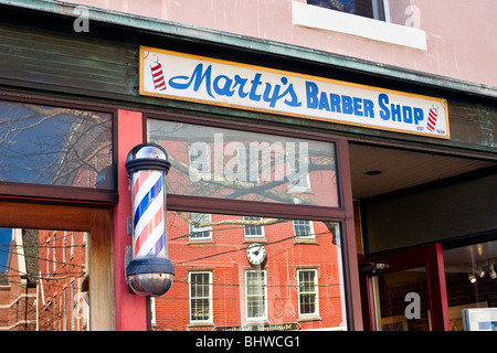 A barber shop storefront in Sag Harbor, NY. Stock Photo
